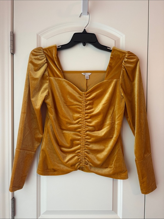 Cato Tops - Cato Mustard Gold Velvet Ruched Long Sleeve Top Size Medium